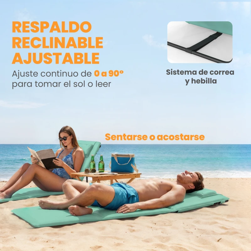 Outsunny Conjunto de 2 Esterillas de Playa Plegable con Respaldo Ajustable Reposacabezas Acolchado 146x50x2 cm Verde