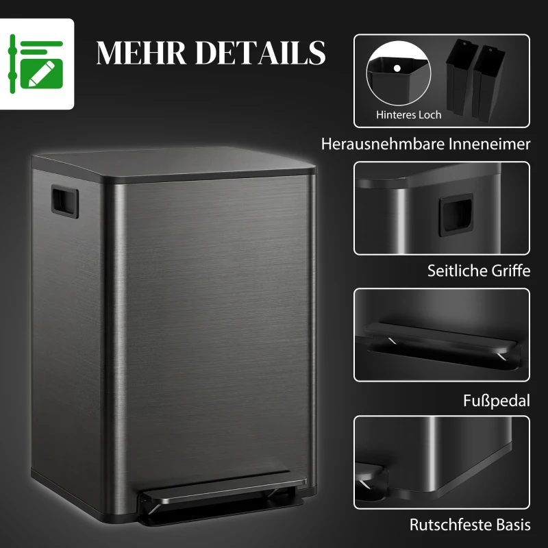 HOMCOM Mülleimer mit 2x30L Fächern, Soft-Close-Deckel, Fingerabdrucksicher, Edelstahl, Schwarz