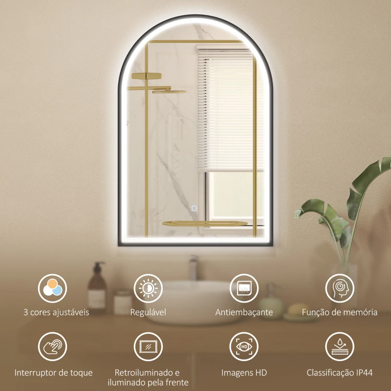 HOMCOM Espelho de Casa de Banho com Luz 60x90 cm Espelho de Parede Arqueado 3 Cores de Luz Brilho Regulável Função Antiembaçiamento Preto