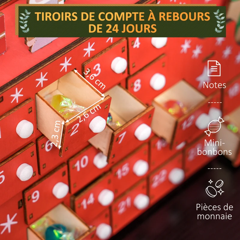 HOMCOM Calendrier de l'Avent à remplir en bois, décoration de Noël avec 24 tiroirs, Père Noël et traîneau, 22,5x8x36cm, rouge