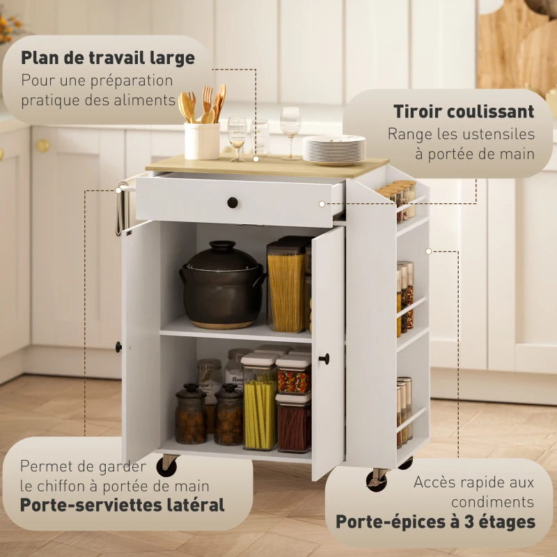 HOMCOM Îlot central cuisine mobile desserte cuisine avec tiroir étagère réglable placard à deux portes 82 x 38 x 86,5 cm blanc