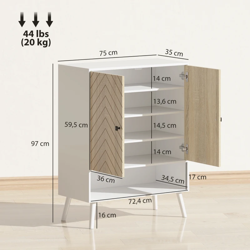 HOMCOM Sapateira com Desenho em Espiga Prateleiras Ajustáveis Compartimento Aberto para 15 Pares de Sapatos 75x35x97 cm Branco e Madeira