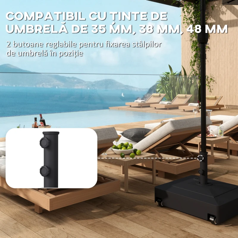 Outsunny Bază pentru Umbrelă cu Roți și Frâne, Reumplere cu Apă 40kg/Nisip 61kg, pentru Stâlpi de Ø35/38/48mm, Negru