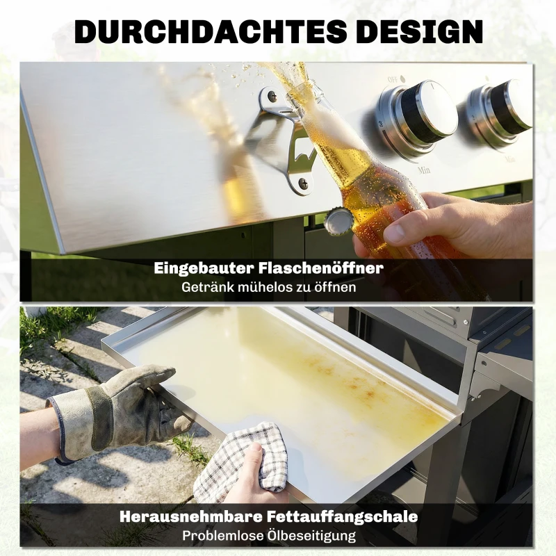 Outsunny Gasgrill 10,5 KW 3+1 Brenner BBQ Grillwagen Edelstahl inkl Seitenbrenner Flaschenöffner Thermometer Gusseisen-Grillrost