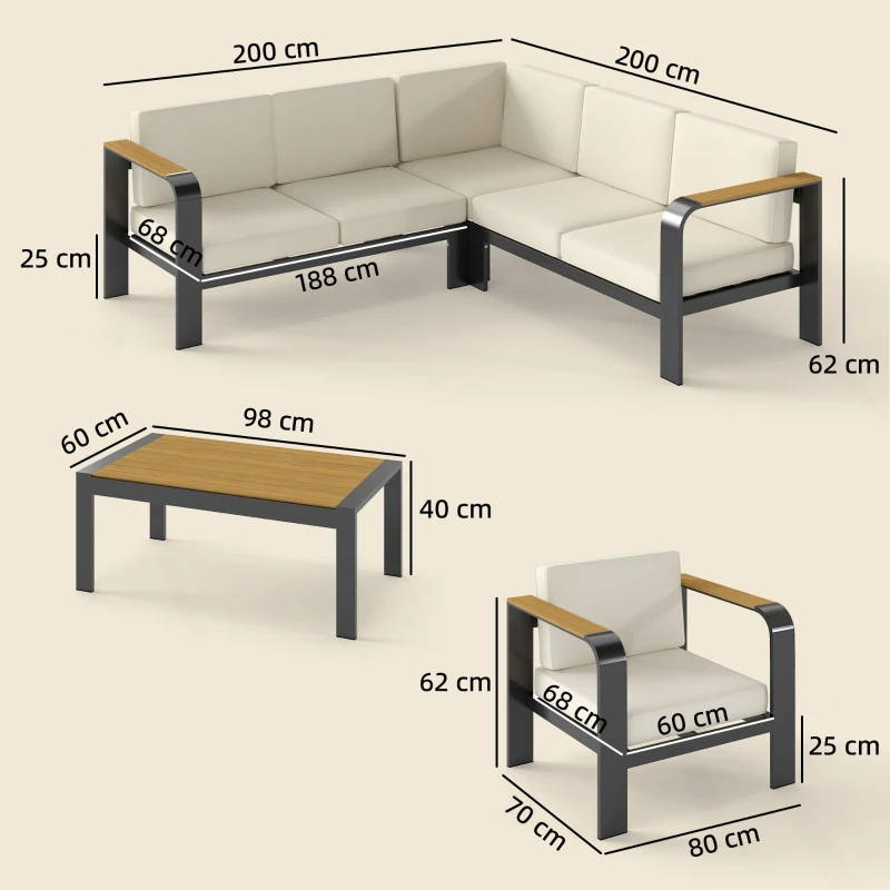 Outsunny 3 Pieces Garden Furniture Set with L-Shaped Sofa, Armchair and Coffee Table, Aluminium Garden Corner Sofa Set