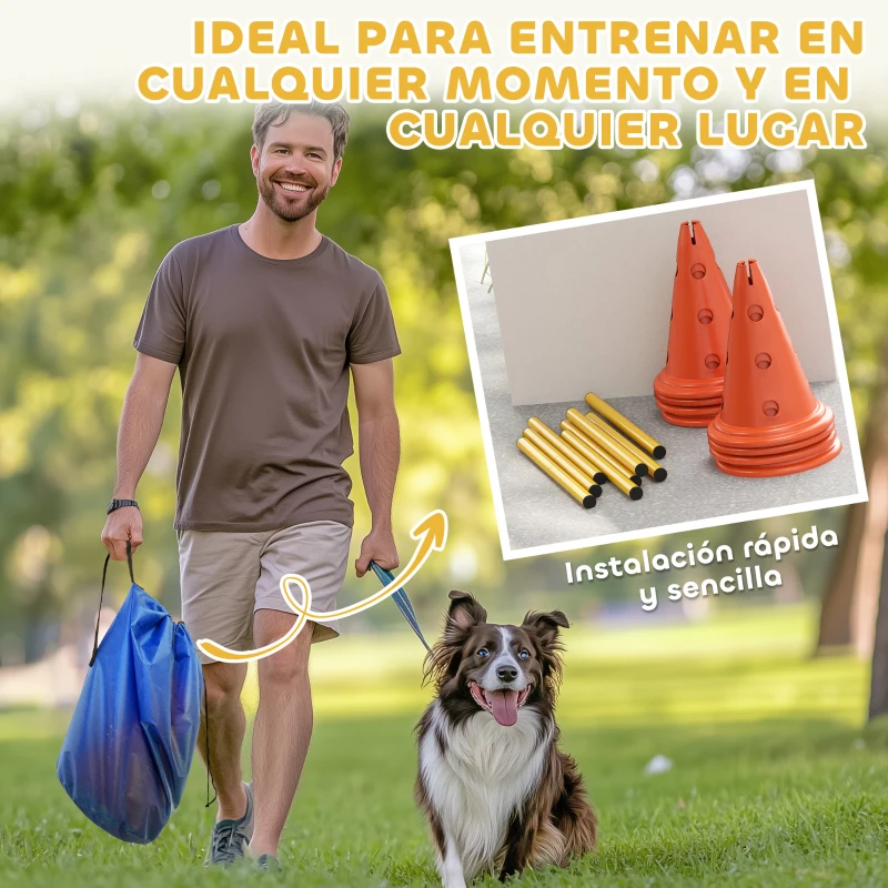 PawHut Juego de Agilidad para Perros Vallas de Obstáculos de Entrenamiento de Coordinación 8 Conos 8 Barras Bolsa