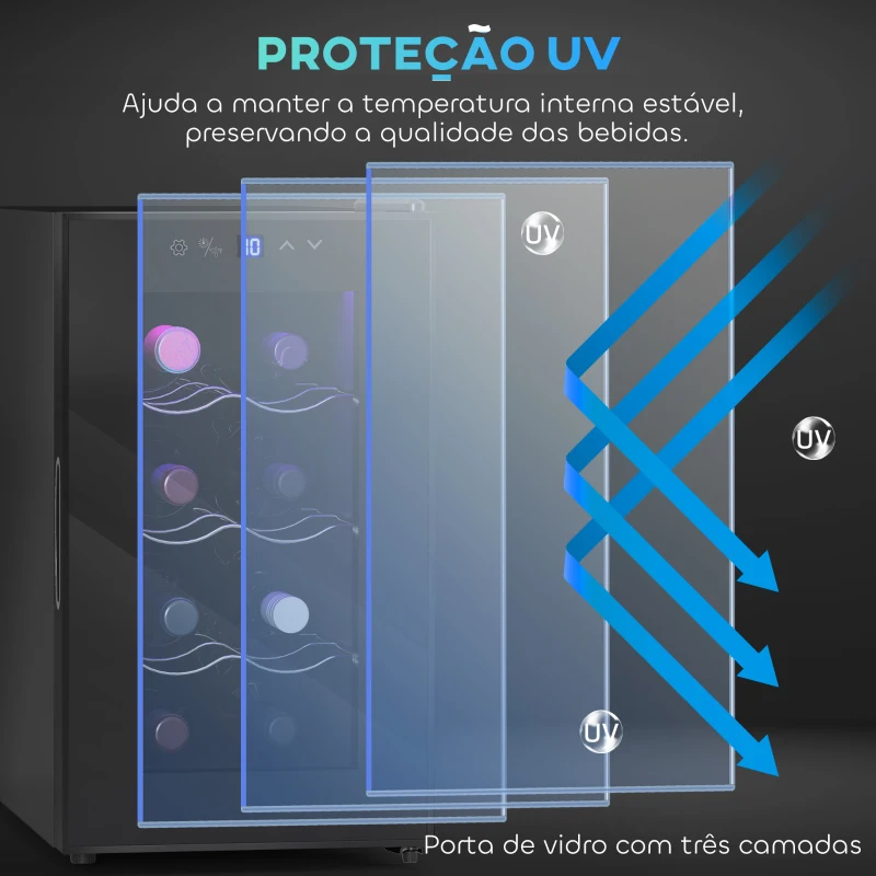 HOMCOM Cave para Vinhos com Refrigeração Termoelétrica Dupla Temperatura Ajustável 8-18℃ Porta de Vidro Anti-UV Ecrã LED Tátil Luz Interior 26,5x51,5x47,5 cm Preto