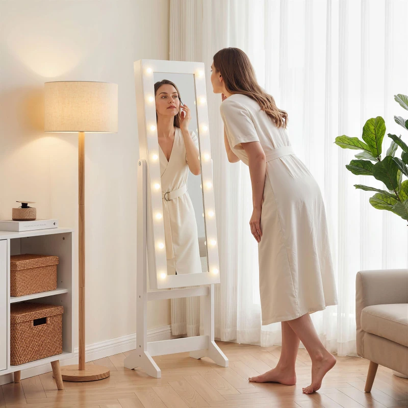 HOMCOM Armoire à bijoux armoire de rangement sur pieds boîte à bijoux avec miroir multi-rangements éclairage LED blanc