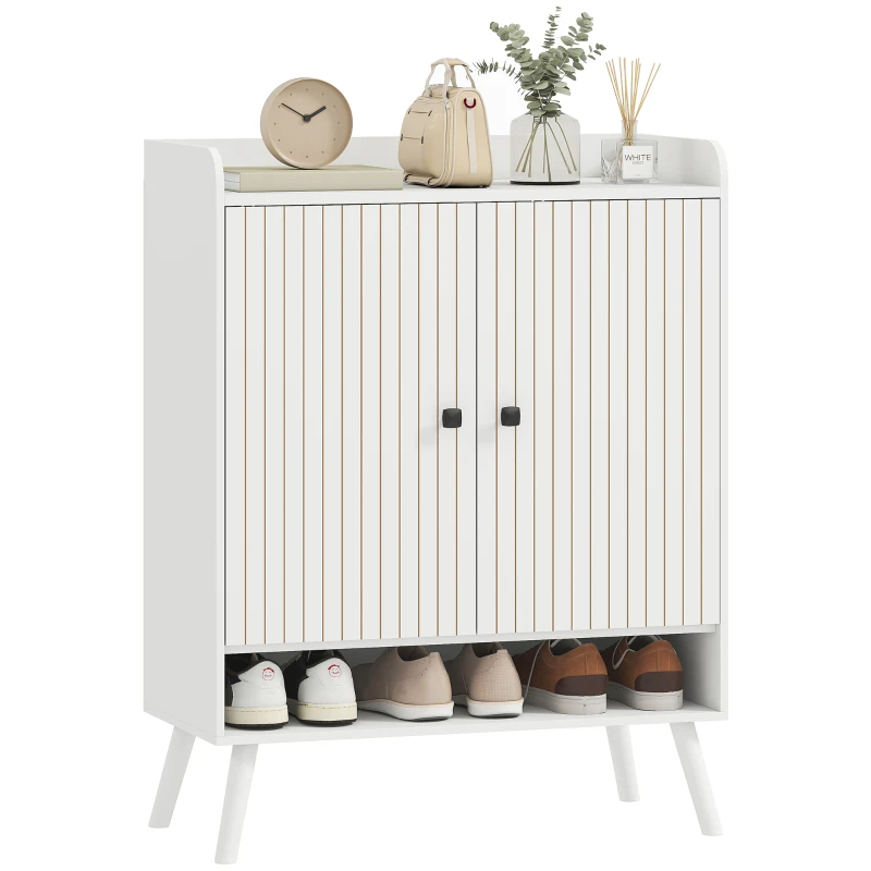 HOMCOM Sapateira de 2 Portas em Ripas Sapateira para Entrada com Prateleiras Ajustáveis Compartimento Aberto para 15 Pares de Sapatos 75x35x97 cm Branco