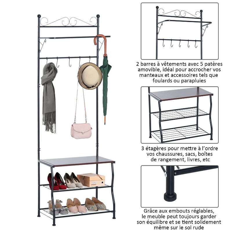 HOMCOM Portant porte-manteaux vestiaire d'entrée style néo-rétro fer forgé multi-rangements 60L x 35l x 175H cm noir