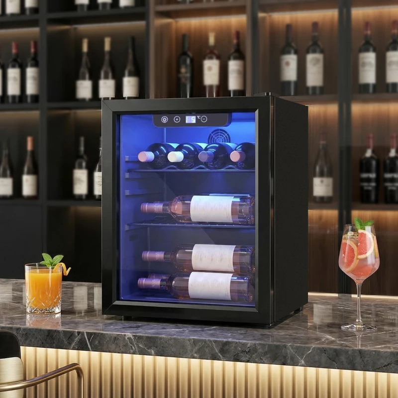 HOMCOM Enfriador de vino para 16 botellas, 48 L de capacidad, 4–16°C, frigorífico bajo para bebidas y cervezas, con puerta de cristal, luz LED