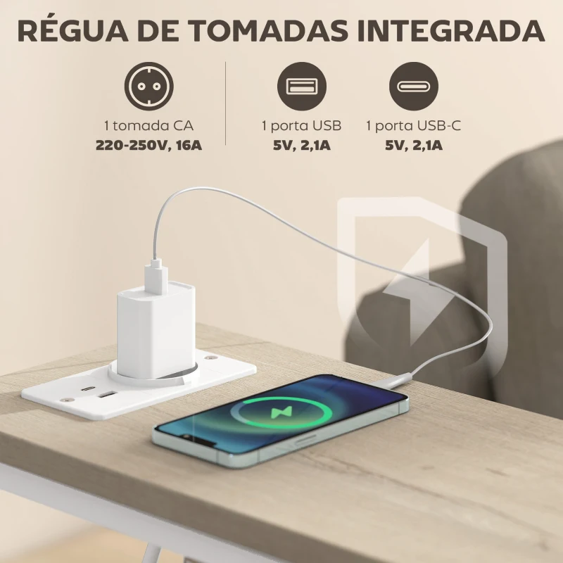 HOMCOM Conjunto de 2 Mesas Auxiliares com Tomada Mesas Auxiliares Estreitas com Tomada AC Porta USB Porta USB-C 2 Gavetas Madeira e Branco