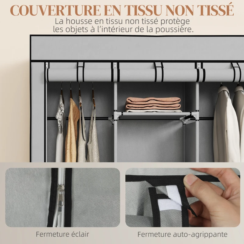 HOMCOM Armoire penderie multi-rangement - 8 étagères, 2 barres - non tissé gris