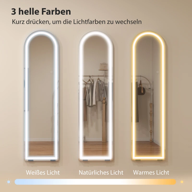 HOMCOM Ganzkörperspiegel mit LED-Lichtern, 150 x 40 cm, bogenförmig, dimmbar, 3 Lichtfarben, freistehend oder Wandmontage, Weiß