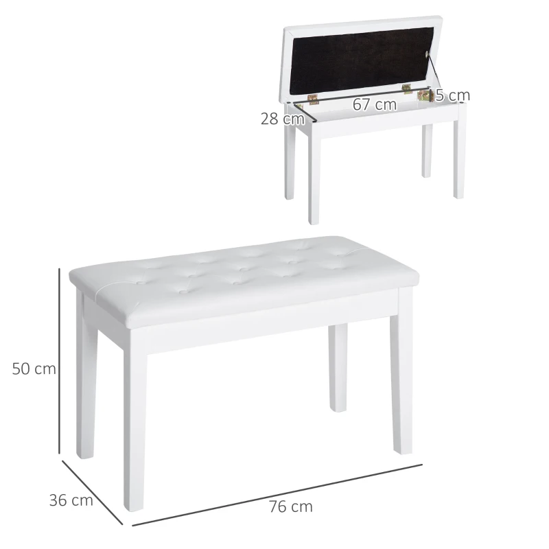 HOMCOM Banco de Piano Banco para Piano com Espaço de Armazenamento Assento de Couro Sintético Acolchoado 76x36x50 cm Branco
