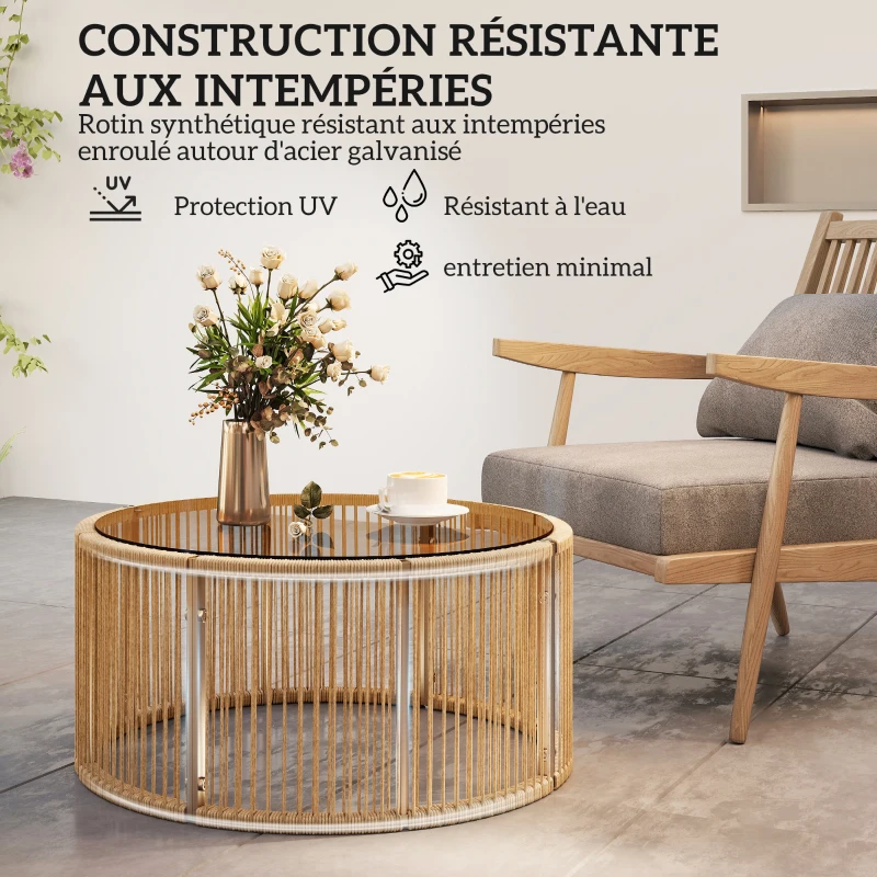 Outsunny Table Basse de Jardin Ronde en Résine Tressée, Plateau en Verre Trempé et Cadre en Acier Galvanisé, 70x70x33cm, Marron