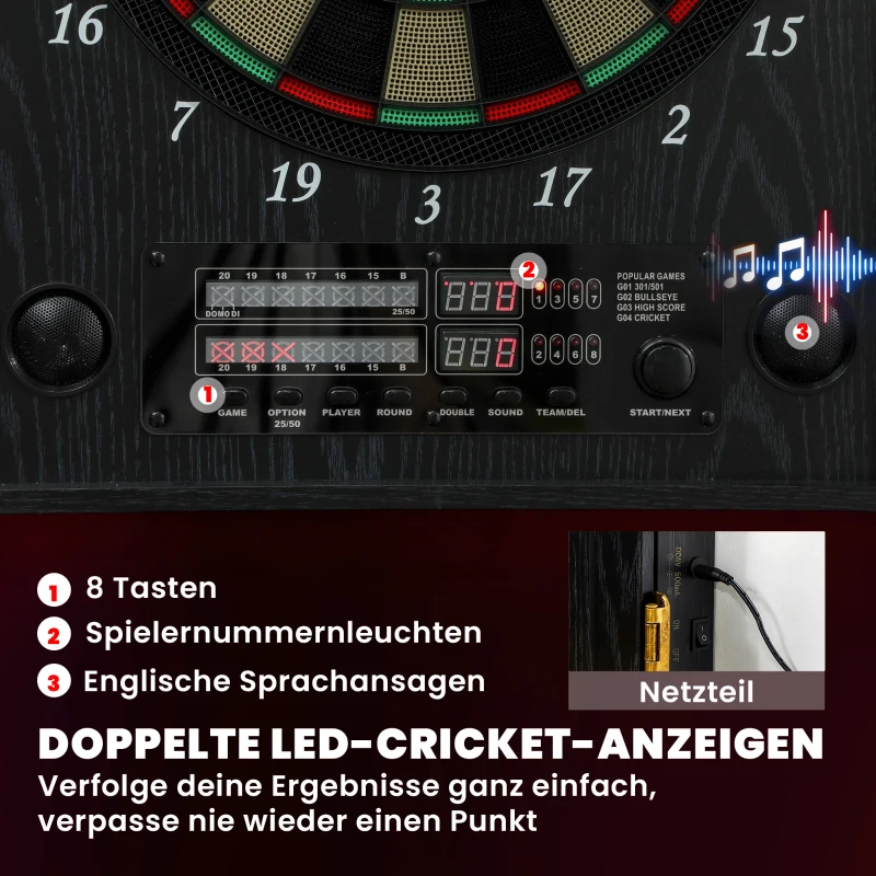 SPORTNOW Elektronische Dartscheibe E Dartboard mit Türen Holzoptik LED Anzeige Sprachansagen 6 Dartpfeile, 24 Ersatzspitzen