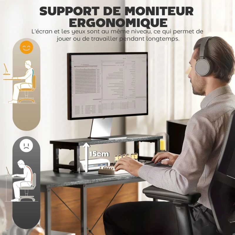 HOMCOM Bureau d'angle modulable réversible 168-240 cm style industriel - étagère réglable, sac de rangement, support d'écran