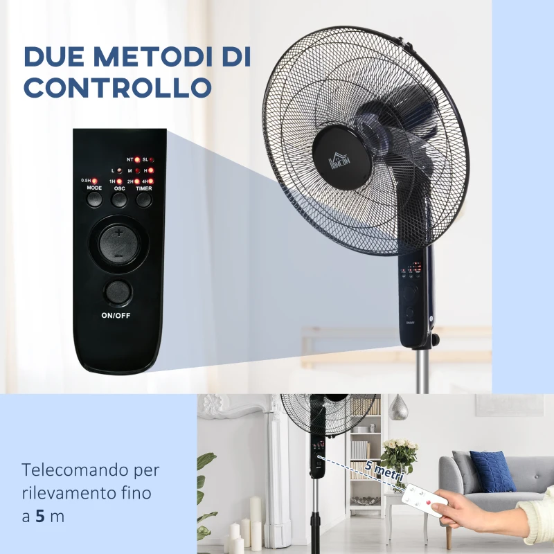 HOMCOM Ventilatore a Piantana con Telecomando, Altezza Regolabile, 3 Velocità, Angolo di Inclinazione Regolabile, in Metallo, Nero