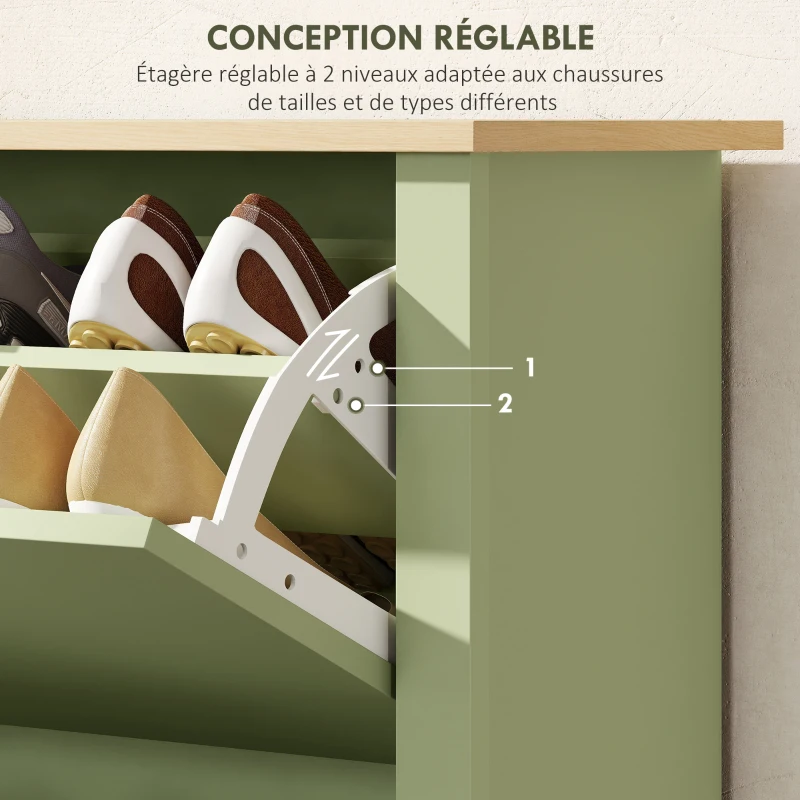 HOMCOM Meuble à chaussures 12 paires, armoire à chaussures étroite avec 2 tiroirs rabattables et étagères réglables, vert