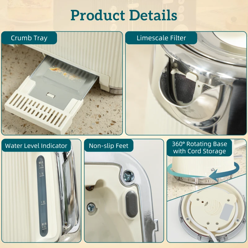 HOMCOM Electric Stainless Steel Kettle and Toaster Set, 3000W 1.7L UK Strix Thermostat Fast Boil Kettle w/ Limescale Filter, Cool Touch Body, 4 Slice Toaster with 7 Browning Levels, Cream White