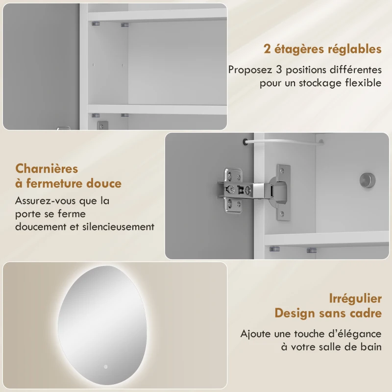 HOMCOM Armoire murale salle de bain avec miroir et éclairage LED, anti-buée, 3 températures de lumière, 50x14x70cm, blanc