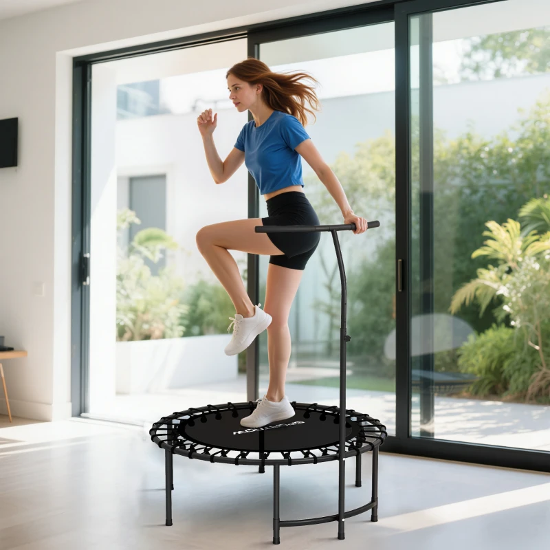 SPORTNOW Trampoline de Fitness avec Cordes Élastiques, Poignée Réglable 5 Positions, Capacité 100 kg, Acier, Ø102x132cm, Noir