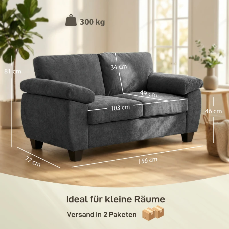HOMCOM Sofa 2-osobowa, 156 cm sofa Chenille z grubymi poduszkami sprężynowymi, szerokimi tapicerowanymi podłokietnikami, obciążenie 300 kg, ciemnoszara