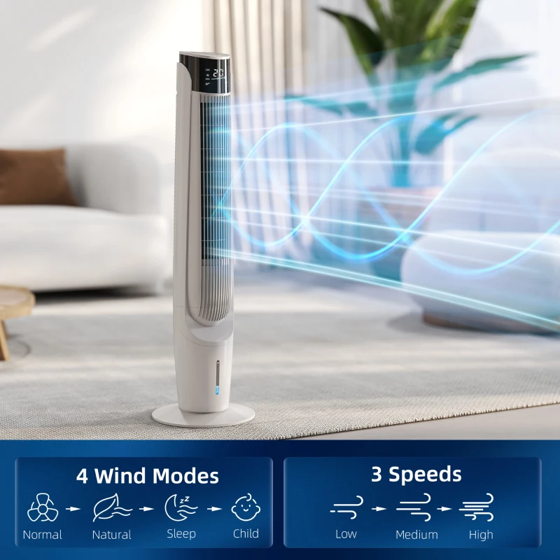 HOMCOM Air Cooler with LED Display and Remote Control, Oscillating Ice Cooling Fan with 3 Speeds, 4 Modes, 12 Hour Timer, White