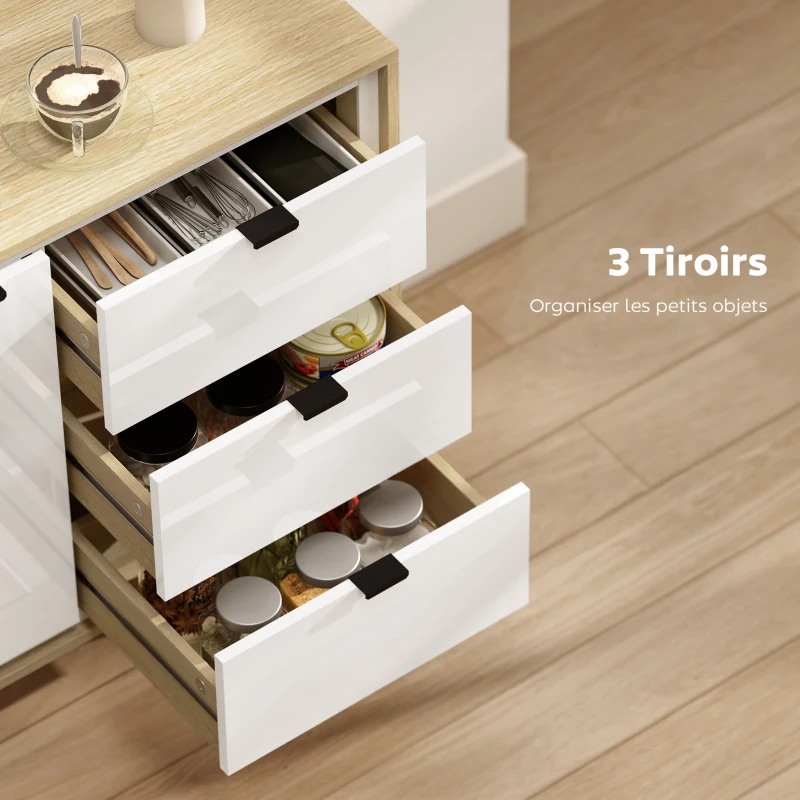 HOMCOM Buffet salon meuble de rangement armoire de cuisine placard à 2 portes 3 tiroirs et étagère réglable, 80x35x77cm, blanc