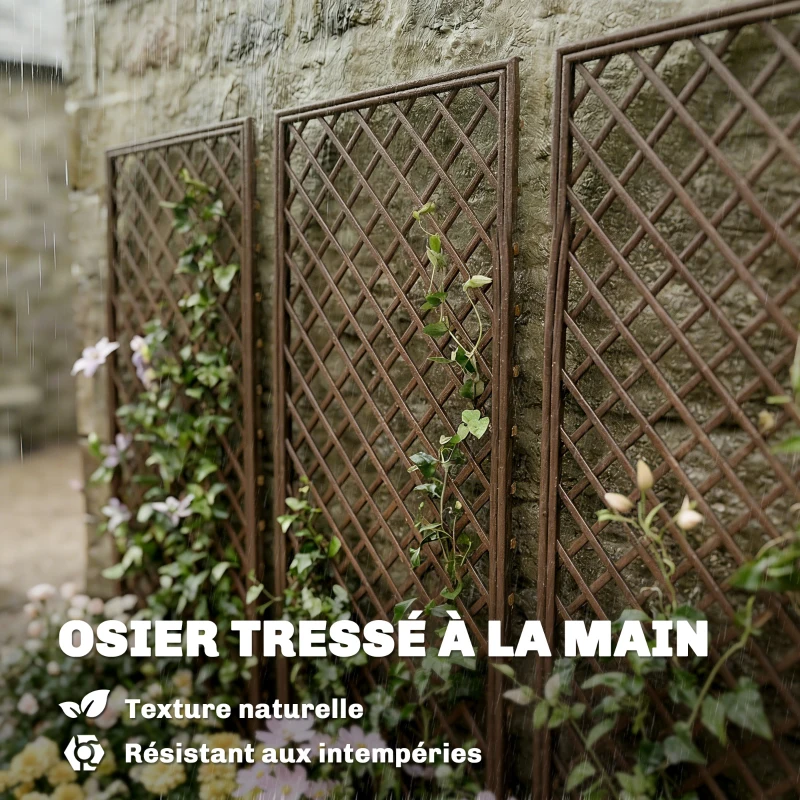 Outsunny Lot de 3 Treillis de jardin en osier tissé Panneau rectangulaire pour Plantes grimpantes 43 x 2 x 112 cm, effet bois naturel