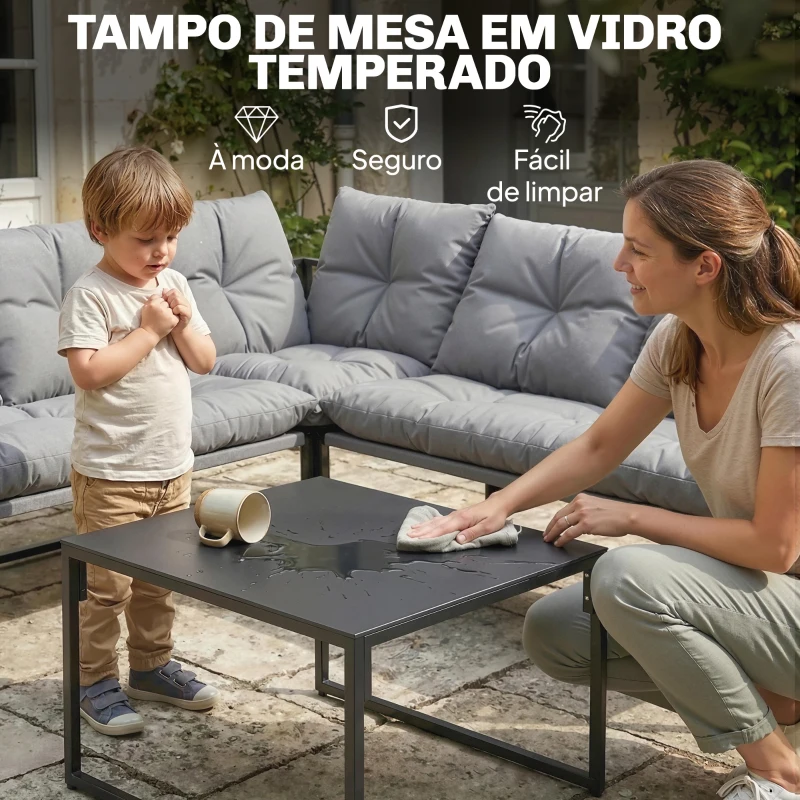 Outsunny Conjunto de Jardim Exterior com Almofadas Espessas, 2 Sofás de 2 Lugares, Sofá de Canto e Mesa de Centro com Vidro, Cinzento