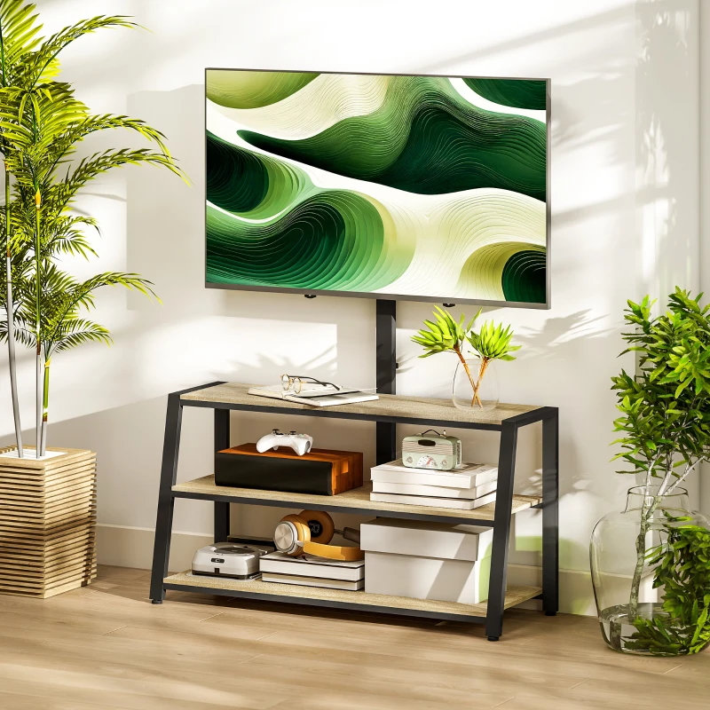 HOMCOM Meuble TV avec support pour téléviseurs de 32-70 pouces, étagères ouvertes, angle ajustable 35°, 108x41x135cm, effet bois naturel