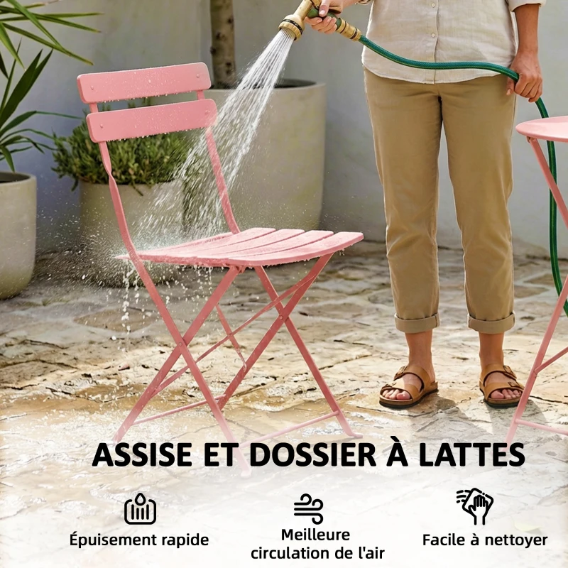 Outsunny Ensemble Bistrot de Jardin 3 Pièces Table et 2 Chaises Pliantes à Lattes Double Protection Antirouille Rose