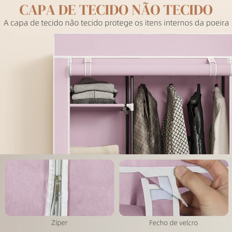 HOMCOM Roupeiro de Tecido Dobrável com 6 Prateleiras 1 Barra de Pendurar e Rodas para Dormitório Vestidor 103x43x162,5 cm Rosa