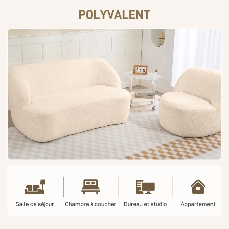 HOMCOM Canapé 2 places canapé en tissu bouclette 142 cm avec dossier et assise incurvés, aucun assemblage requis, beige