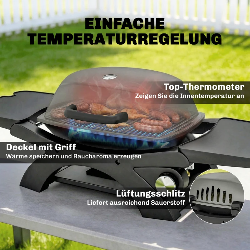 Outsunny Gasgrill 3,3 KW Tischgrill mit 1 Brenner klappbar Seitentischen Gusseisen Grillroste herausnehmbar Fettauffangschale