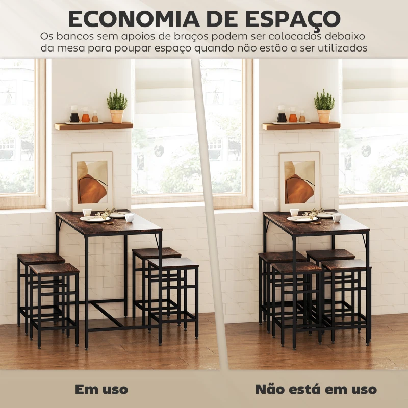 HOMCOM Conjunto de Mesa de Bar com 4 Bancos com Apoio para os Pés Mesa de 100x60x88cm e Bancos de 32x32x57cm Preto e Nogueira