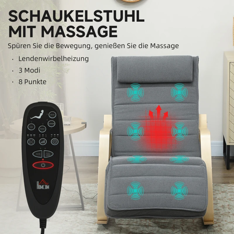 HOMCOM Schaukelstuhl mit Massage-Funktion, Lendenheizung, 3 Modi, Stoffbezug, Grau(m-4)