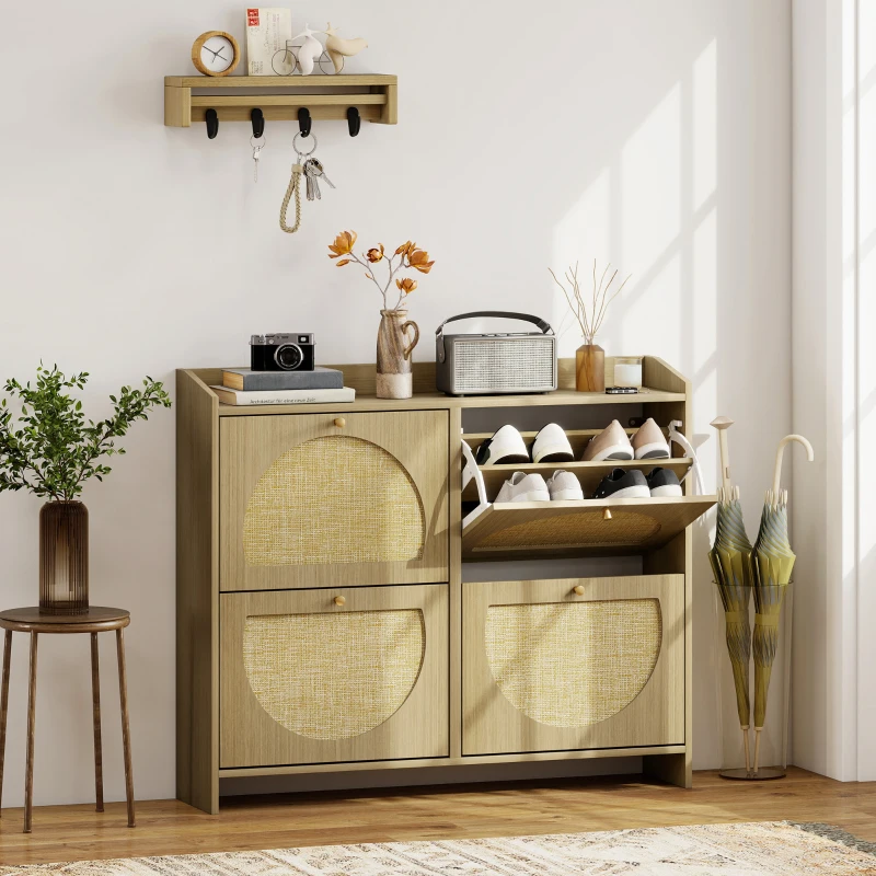 HOMCOM Sapateira Estreita com 4 Portas de Vime Sapateira para Entrada com Prateleiras Ajustáveis para 16 Pares de Sapatos 104,5x24x88 cm Madeira