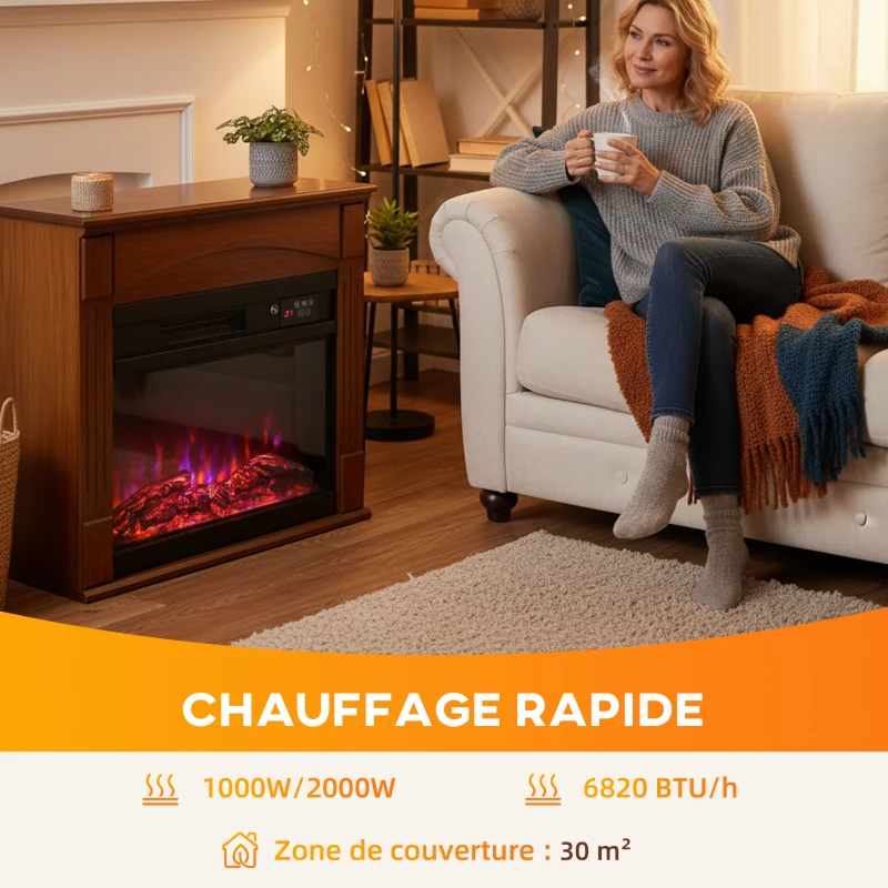 HOMCOM Cheminée électrique 1000W/2000W, fausse cheminée effet flamme 3D à 6 couleurs et 3 luminosités, 68,5x27,5x63cm, marron