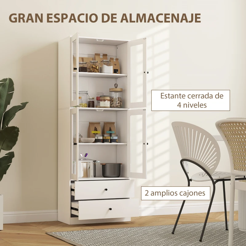 HOMCOM Alacena de Cocina Alta con 4 Puertas de Vidrio 2 Cajones Estantes Ajustables 59x30x170 cm Blanco