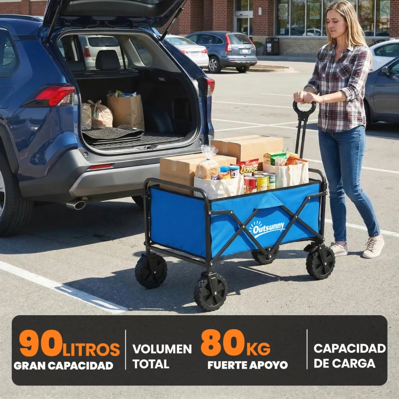 Outsunny Carro de Jardín Plegable con Ruedas Bloqueables Mango Ajustable Portavasos Carga 80 kg para Campaña 85x50x99 cm Azul