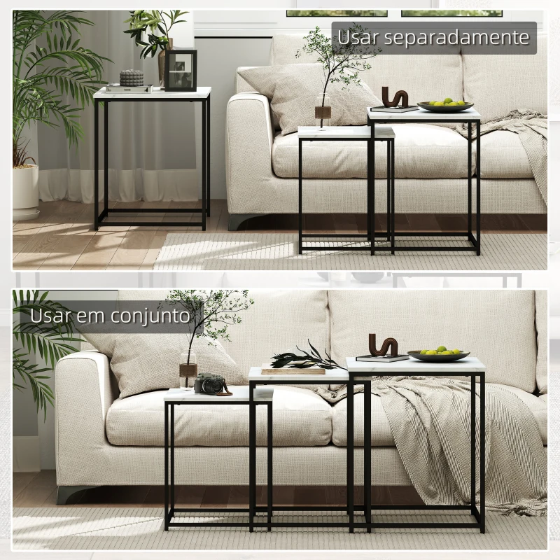 HOMCOM Conjunto de 3 Mesas Auxiliares para Sala de Estar com Efeito Mármore e Estrutura de Aço Estilo Moderno Branco e Preto