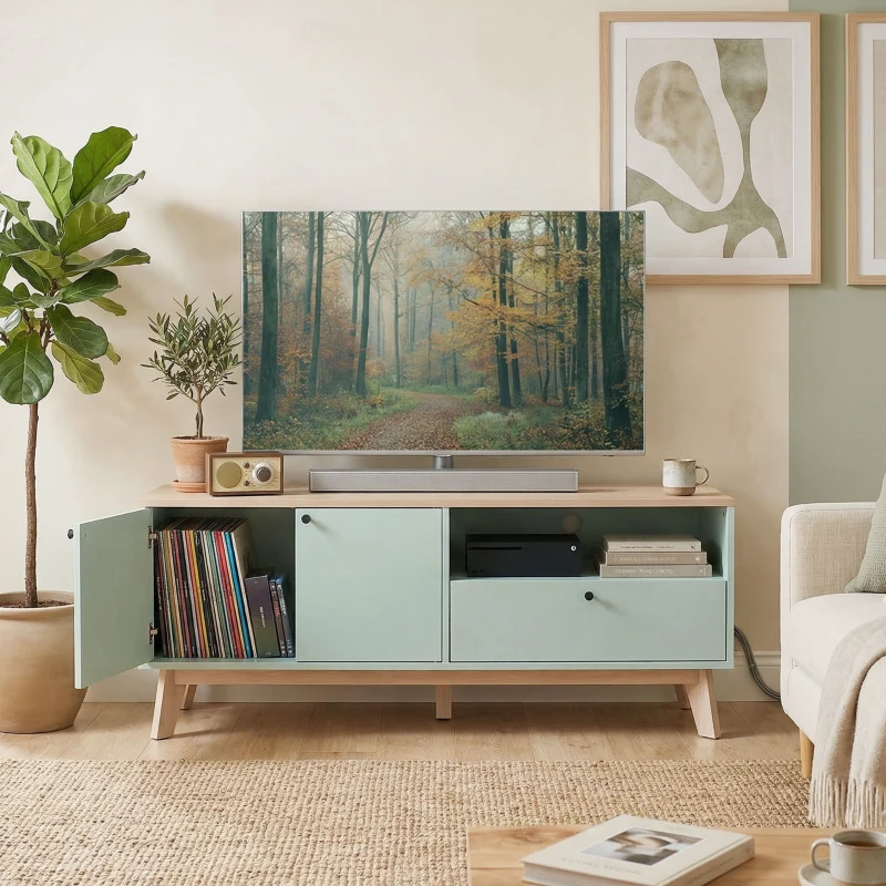 HOMCOM Comodă TV 120 cm, corp TV pentru televizoare până la 91,4 cm cu 2 uși, sertar, compartiment deschis, verde deschis