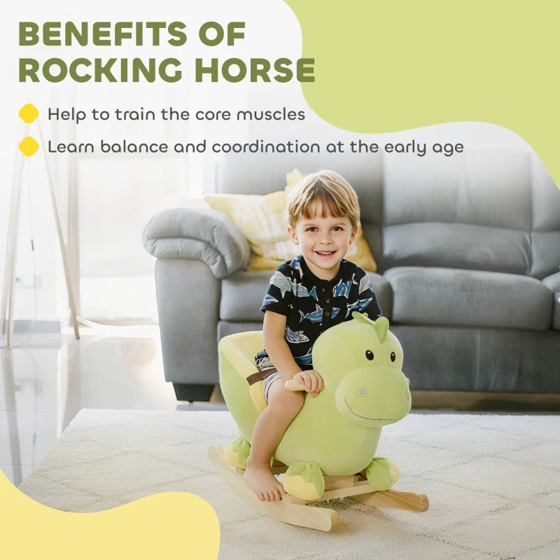 HOMCOM Kids Rocking Horse, Plush Ride-On Dinosaur Seat, with Seat Seat Belt, 32 Songs, Ride-On Horse