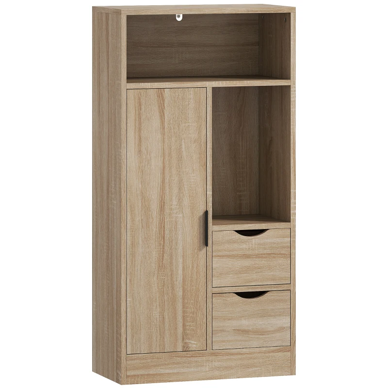 HOMCOM Meuble de salle de bain, meuble de rangement étroit avec 2 tiroirs, compartiments ouverts, 50x25x100cm, bois naturel