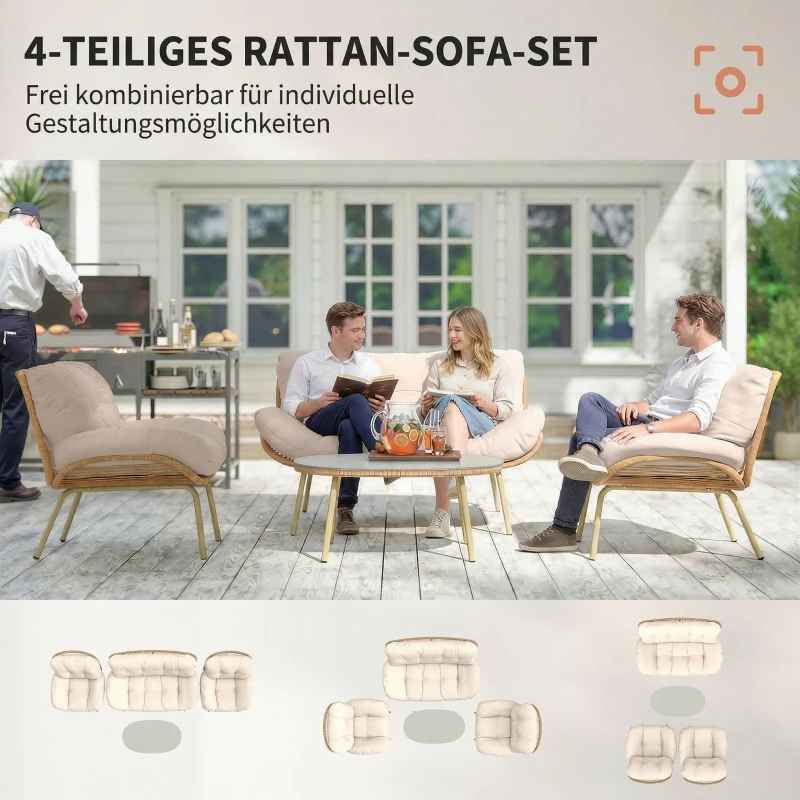 Outsunny Gartenmöbel Set 4-teilig Polyrattan Lounge-Set mit Zweisitzer 2 Sessel Tisch Tiefem Sitz Dicke Kissen