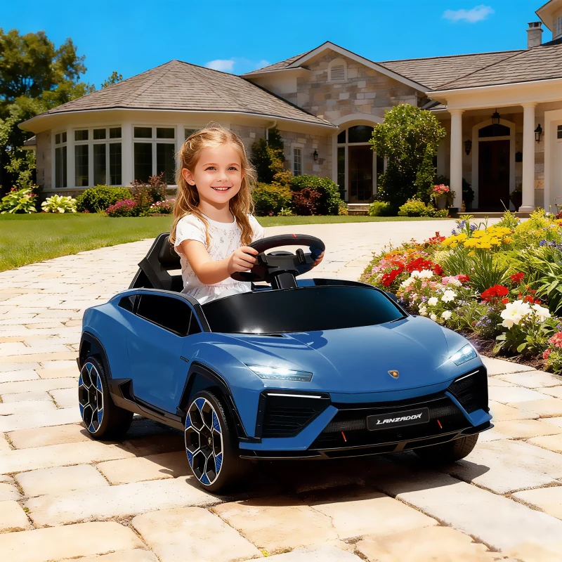 AIYAPLAY Voiture électrique enfant véhicule électrique Lamborghini 12V télécommande 2,4G et 2 moteurs vitesse max. 4 km/h bleu