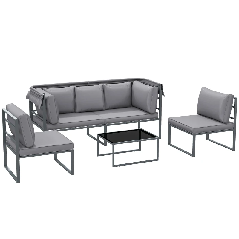 Outsunny Salon de jardin extérieur 4 pièces modulaire avec canapé, fauteuil et table basse en verre trempé, coussins inclus, gris